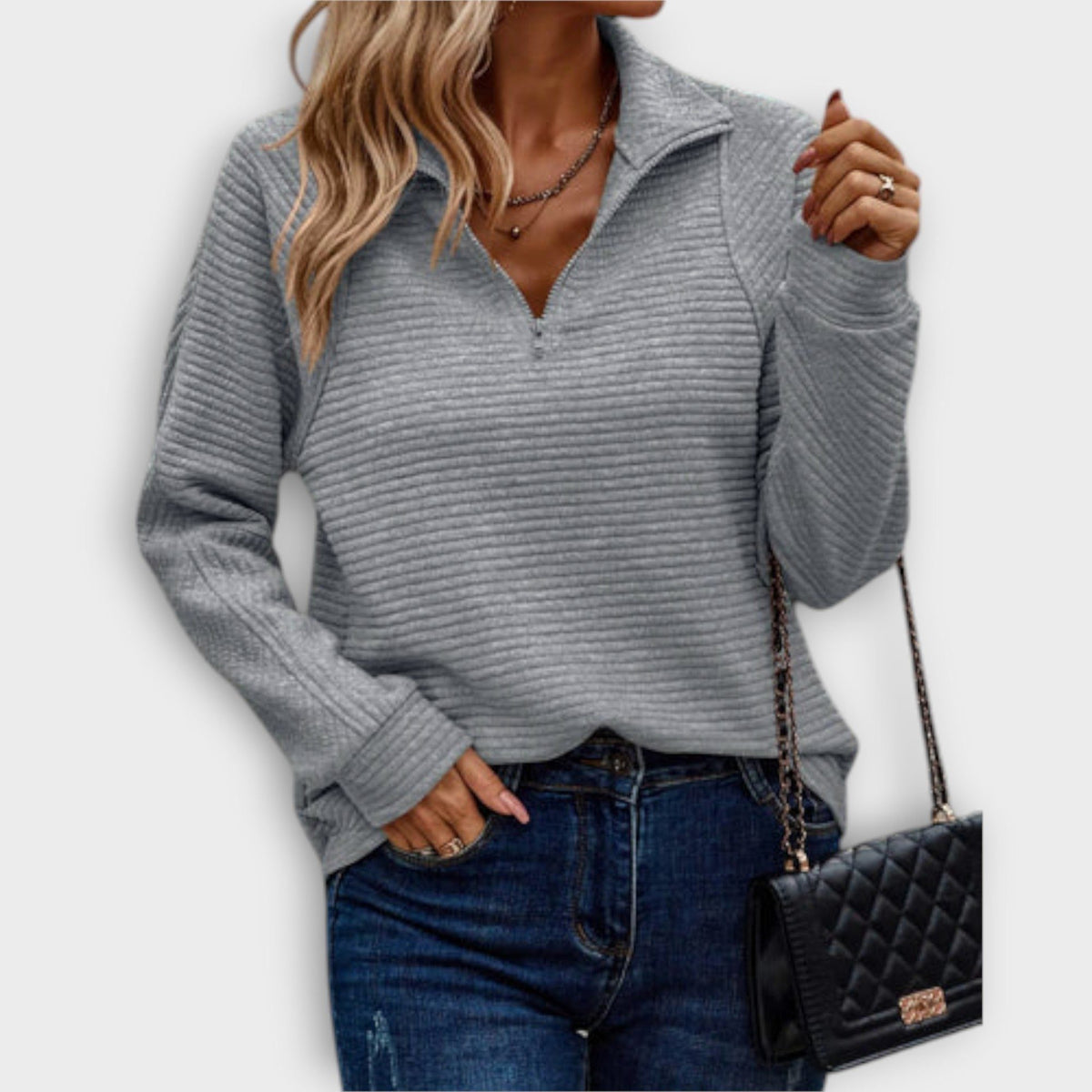 Elisa | Women's Ribbed Knit V-Neck Half-Zip Sweater