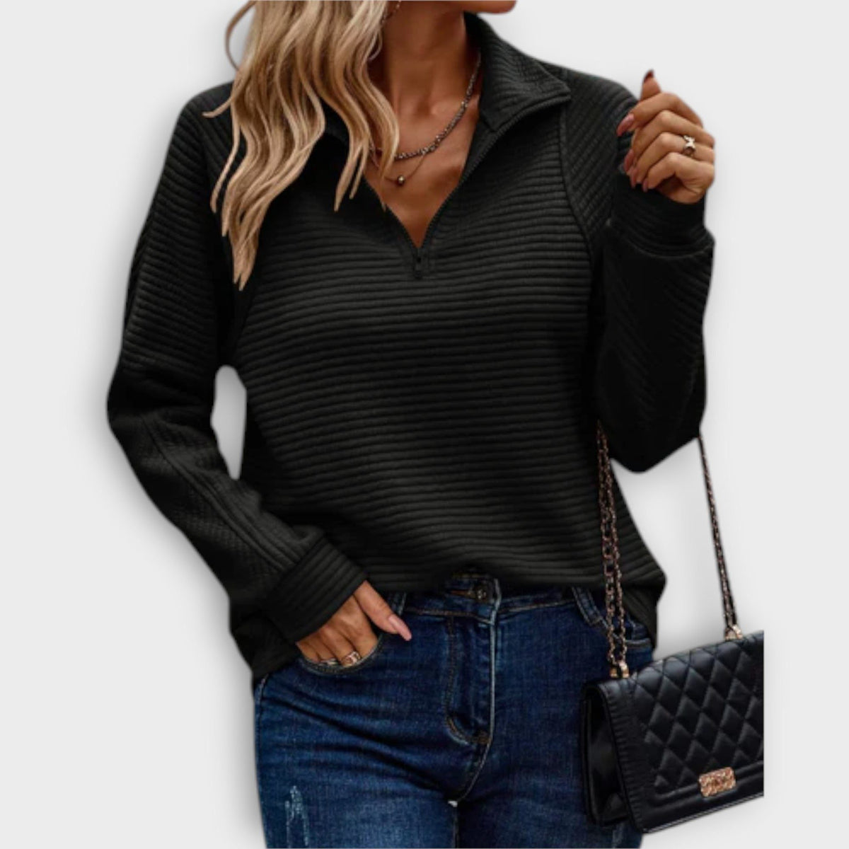 Elisa | Women's Ribbed Knit V-Neck Half-Zip Sweater