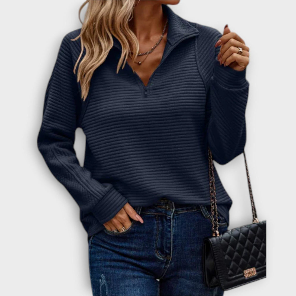 Elisa | Women's Ribbed Knit V-Neck Half-Zip Sweater