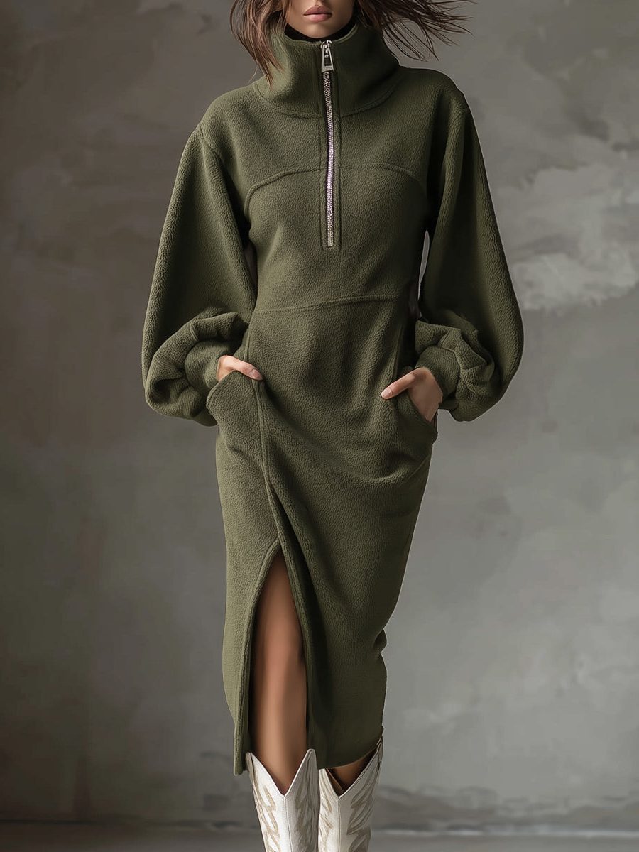 Minka | Fleece Midi Dress with Lantern Sleeves and Side Split for Women