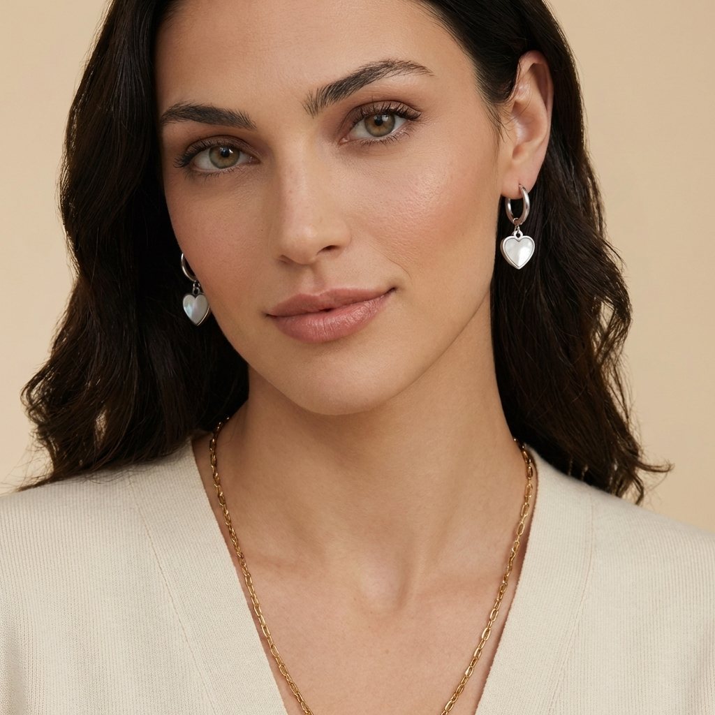 Hoop Earrings with Mother-of-Pearl Heart Charms – Elegant Women’s Jewelry