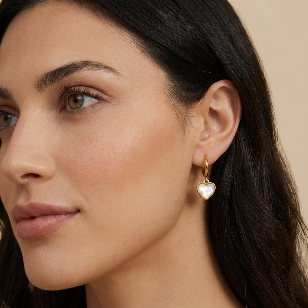 Hoop Earrings with Mother-of-Pearl Heart Charms – Elegant Women’s Jewelry