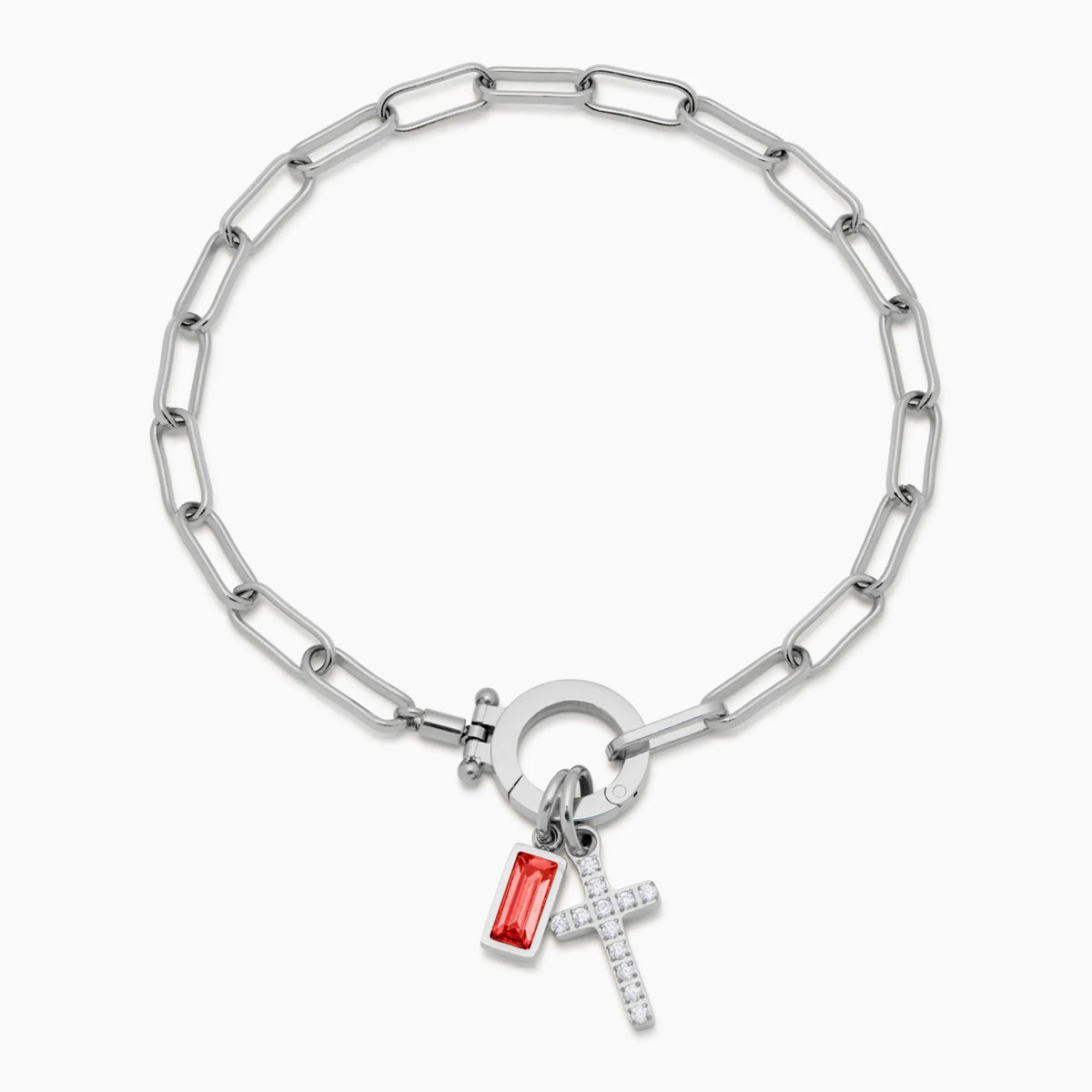 Paperclip Bracelet with Birthstone and Cross Pendant
