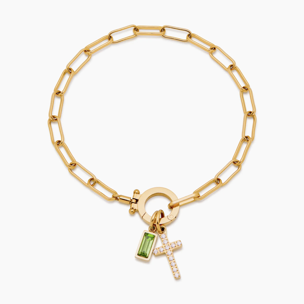 Paperclip Bracelet with Birthstone and Cross Pendant