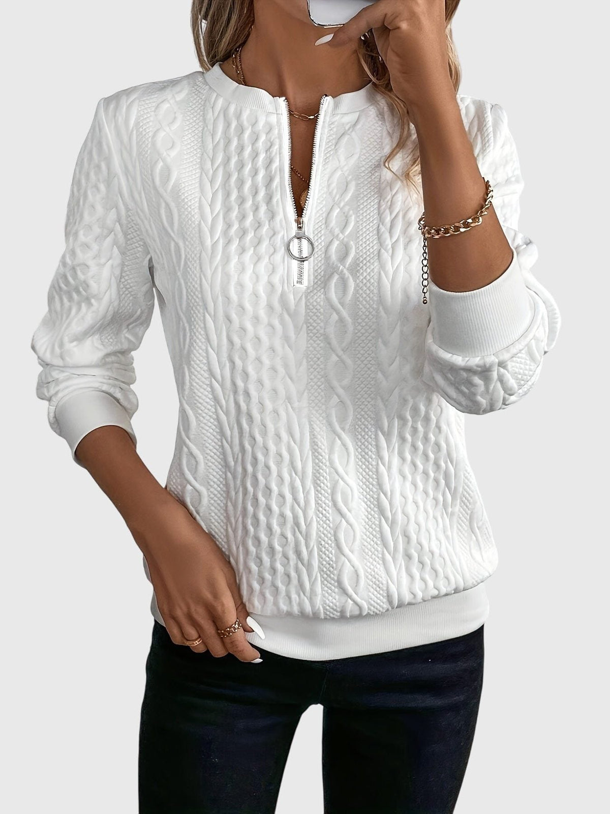 Ambretta | Women's Cozy Cable Knit Zip-Up Sweater