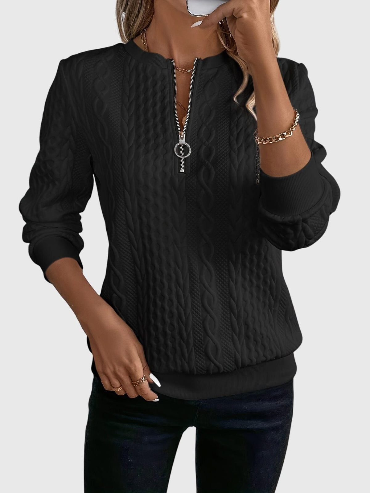 Ambretta | Women's Cozy Cable Knit Zip-Up Sweater