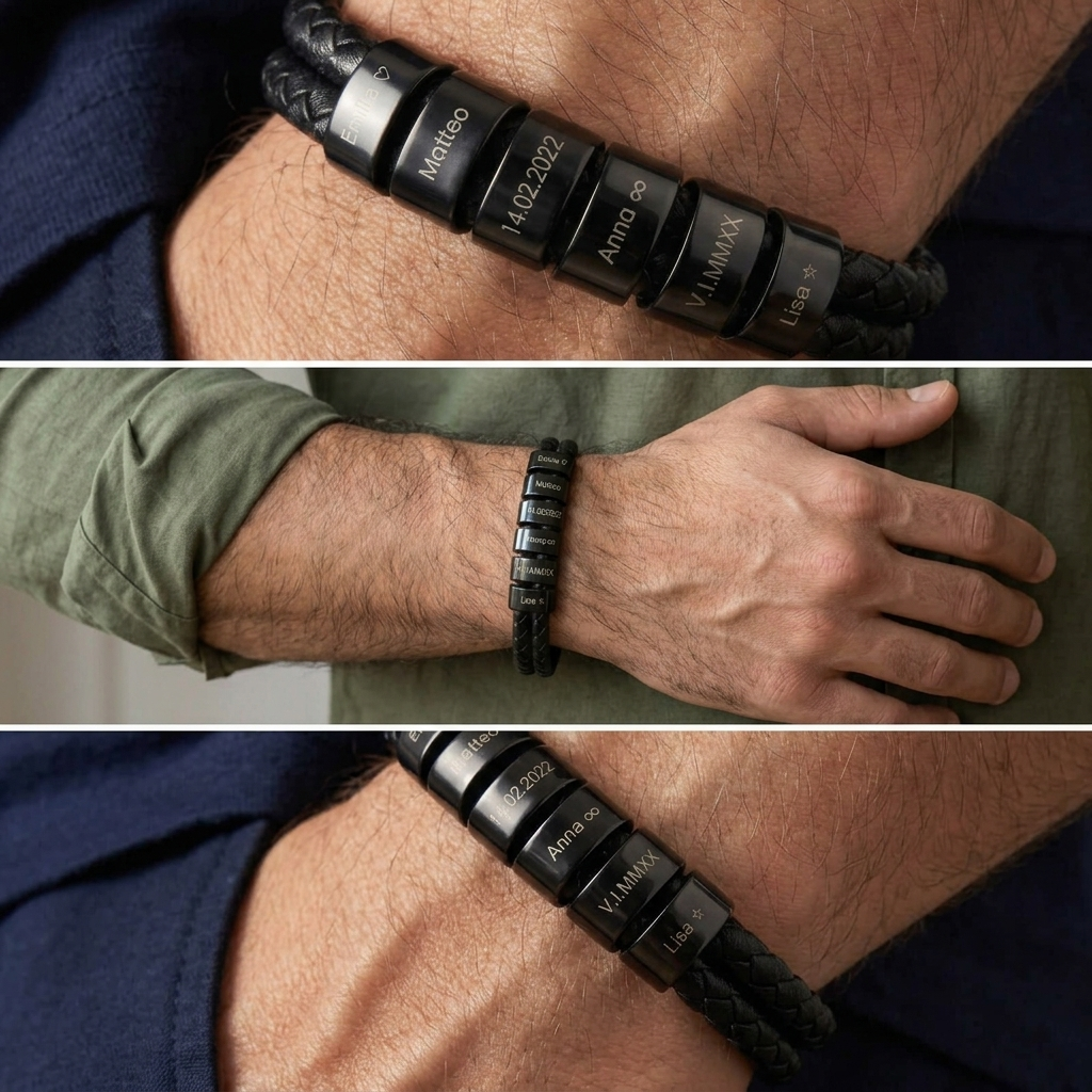 Men’s Engraved Bracelet – Personalized Leather Bracelet with Names