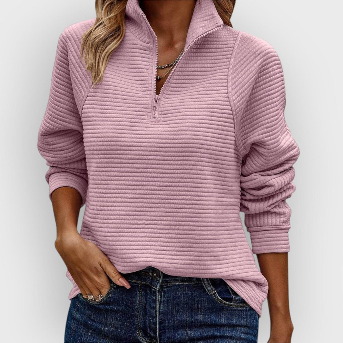 Elisa | Women's Ribbed Knit V-Neck Half-Zip Sweater
