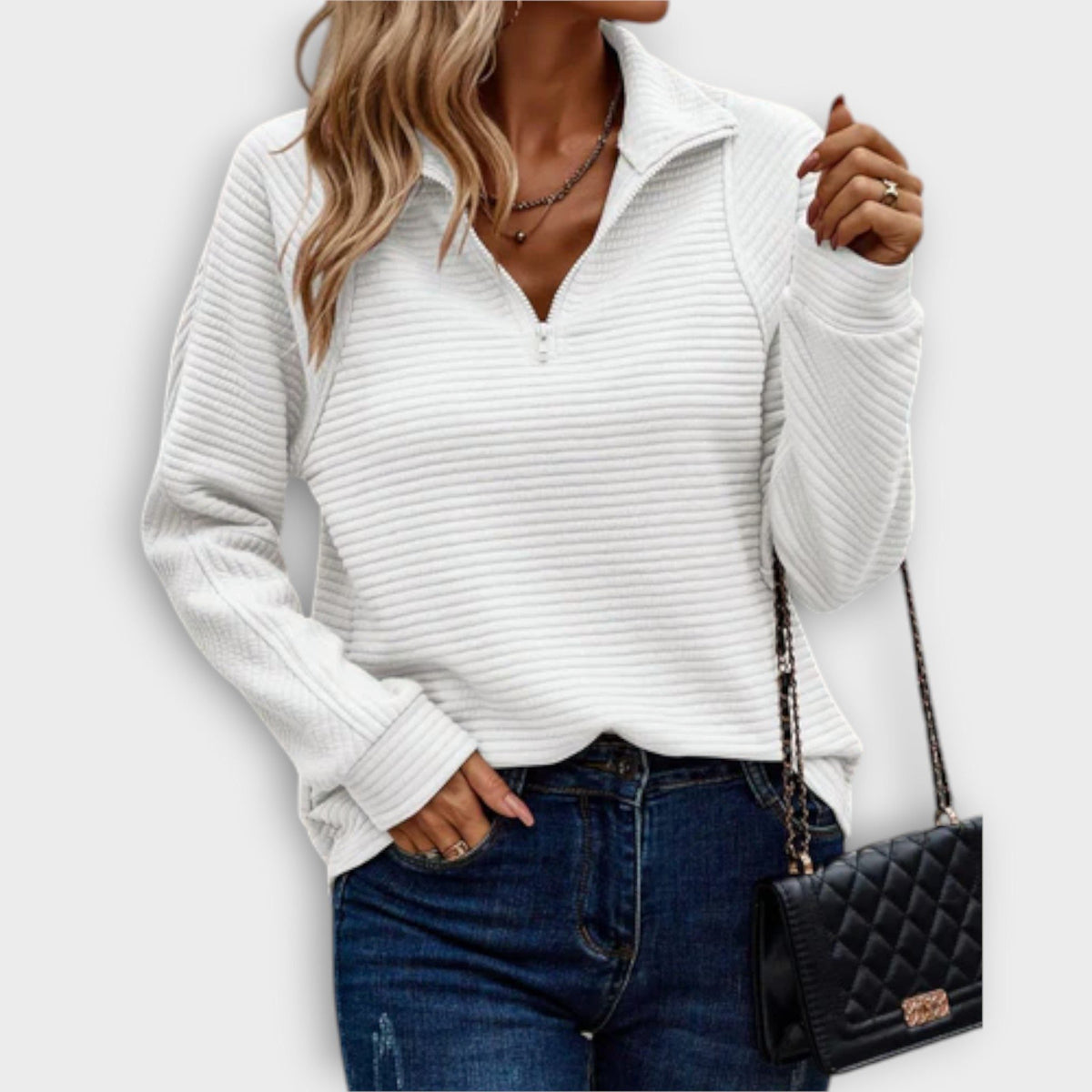 Elisa | Women's Ribbed Knit V-Neck Half-Zip Sweater