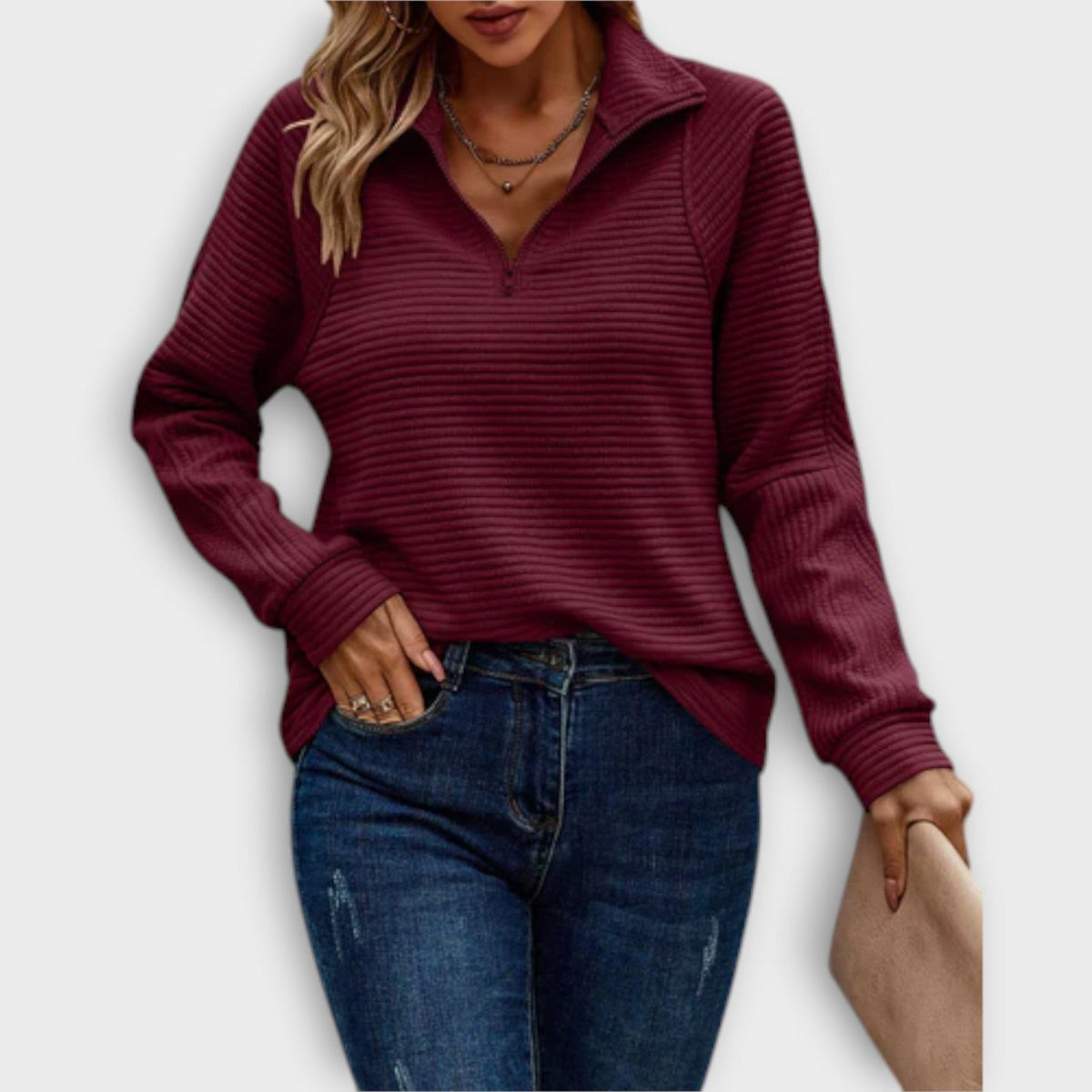 Elisa | Women's Ribbed Knit V-Neck Half-Zip Sweater