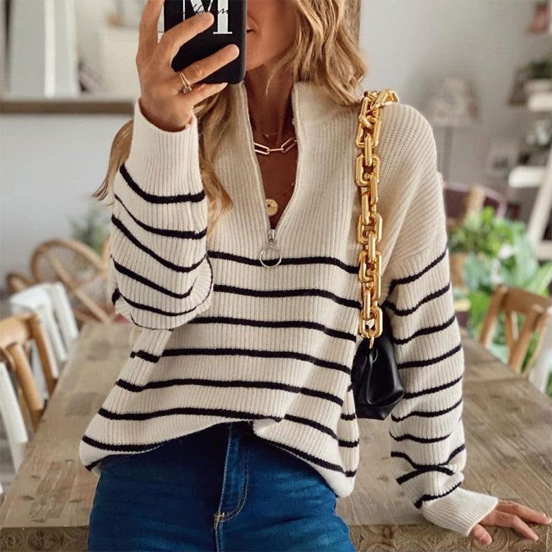 Luminitsa | Striped Ribbed Knit Half-Zip Sweater for Women