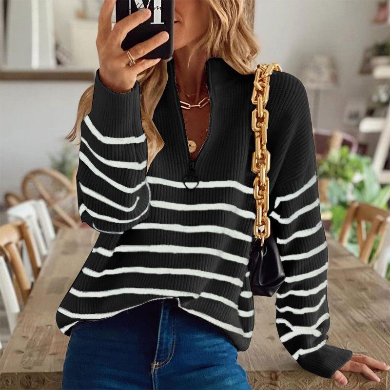 Luminitsa | Striped Ribbed Knit Half-Zip Sweater for Women