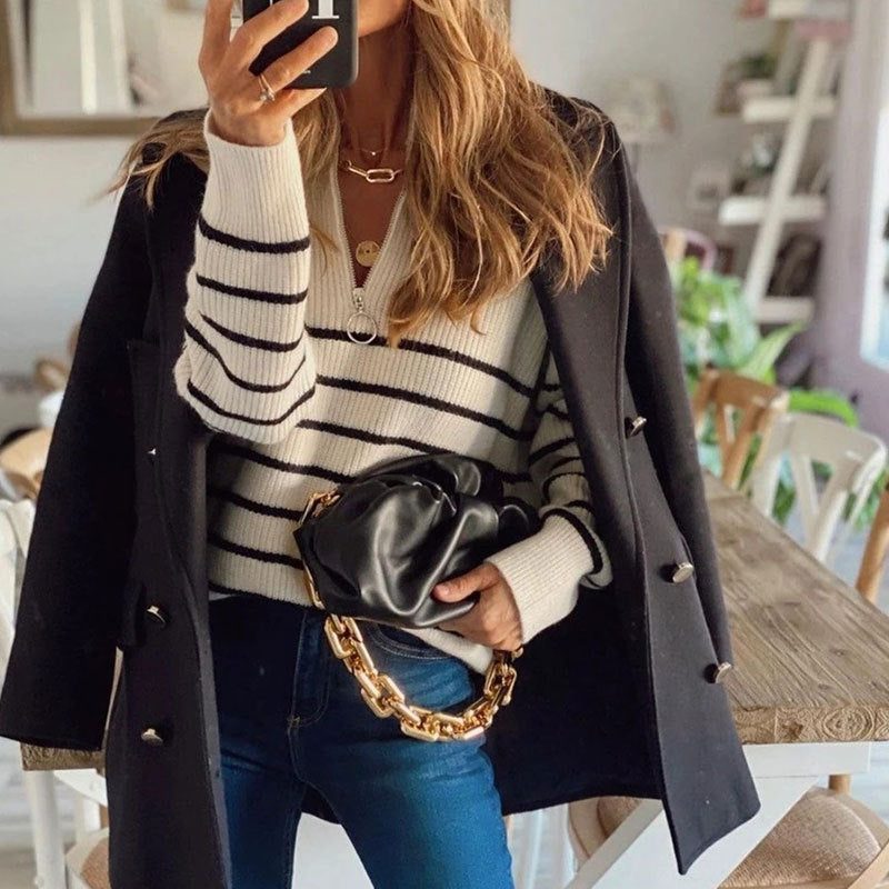 Luminitsa | Striped Ribbed Knit Half-Zip Sweater for Women