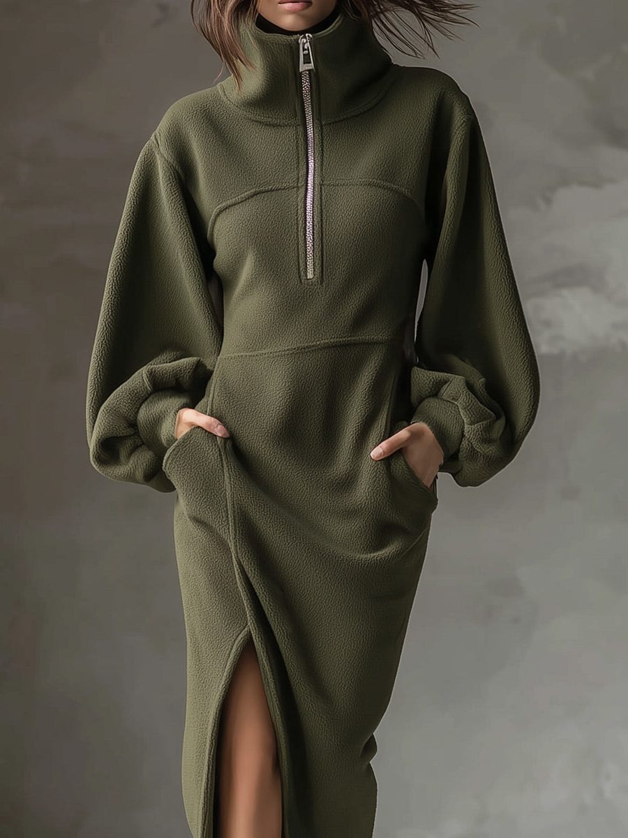 Minka | Fleece Midi Dress with Lantern Sleeves and Side Split for Women