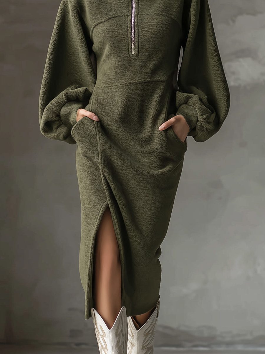 Minka | Fleece Midi Dress with Lantern Sleeves and Side Split for Women
