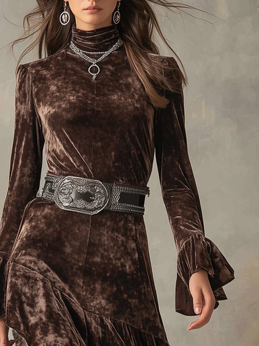 Prisca | Velvet Midi Dress with High Neck and Bell Sleeves for Women