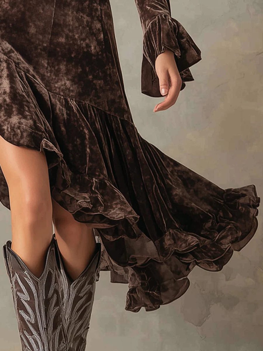 Prisca | Velvet Midi Dress with High Neck and Bell Sleeves for Women