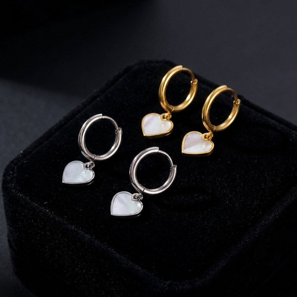 Hoop Earrings with Mother-of-Pearl Heart Charms – Elegant Women’s Jewelry